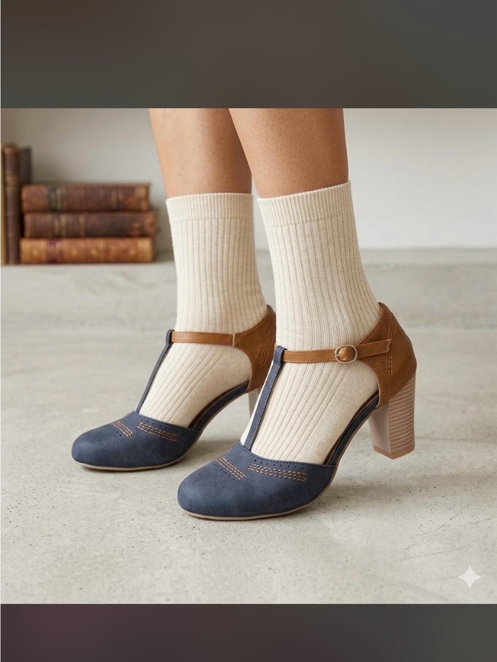 ******* Classic Two-Tone T-Strap Block Heel Pumps - Navy and Brown sb *******